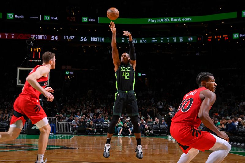 BOSTON, MA - NOVEMBER 16: Al Horford #42 of the Boston Celtics shoots the ball during the game against the Toronto Raptors on November 16, 2024 at TD Garden in Boston, Massachusetts. NOTE TO USER: User expressly acknowledges and agrees that, by downloading and/or using this Photograph, user is consenting to the terms and conditions of the Getty Images License Agreement. Mandatory Copyright Notice: Copyright 2024 NBAE (Photo by Brian Babineau/NBAE via Getty Images)