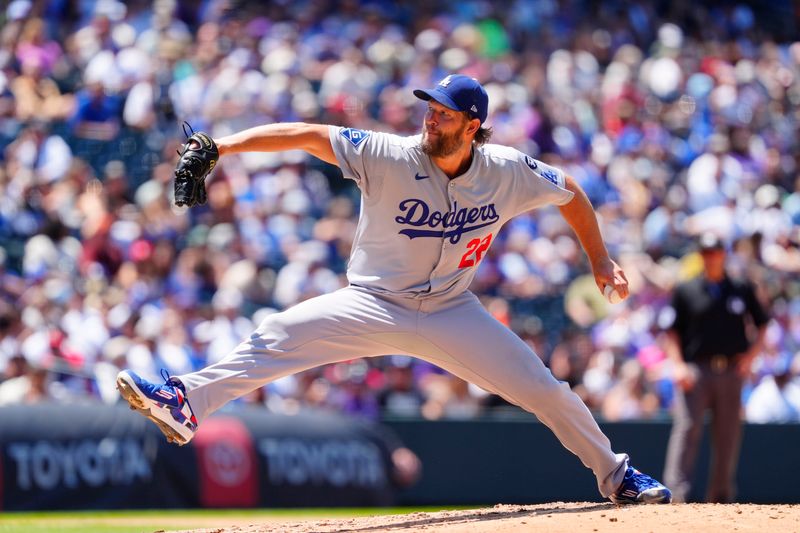 Jun 26, 2025; Denver, Colorado, USA;  Los Angeles Dodgers starting pitcher Clayton Kershaw (22) delivers a pitch in the sixth inning against the Colorado Rockies at Coors Field. Mandatory Credit: Ron Chenoy-Imagn Images