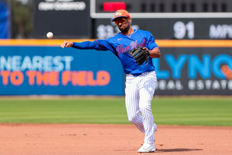 Feb 21, 2026; Port St. Lucie, Florida, USA; New York Mets second baseman Marcus Semien (10) throws to first base to retire Miami Marlins center fielder Jakob Marsee (not pictured) during the first inning at Clover Park. Mandatory Credit: Sam Navarro-Imagn Images