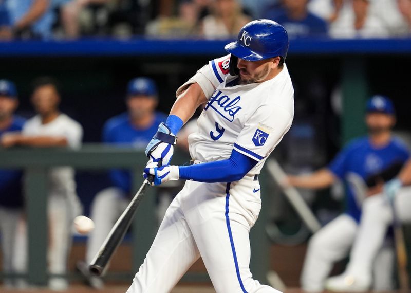 Aug 7, 2024; Kansas City, Missouri, USA; Kansas City Royals designated hitter Vinnie Pasquantino (9) hits a home run during the fourth inning against the Boston Red Sox at Kauffman Stadium. Mandatory Credit: Jay Biggerstaff-USA TODAY Sports
