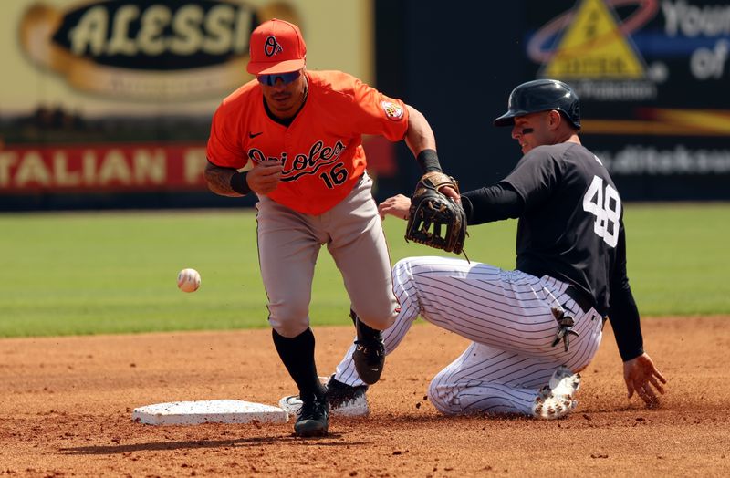 Mar 11, 2024; Tampa, Florida, USA;  Baltimore Orioles infielder Kolten Wong (16)  misses the ball as New York Yankees first baseman Anthony Rizzo (48) is safe at second base at George M. Steinbrenner Field. Mandatory Credit: Kim Klement Neitzel-USA TODAY Sports