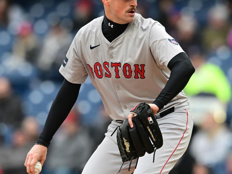 Apr 24, 2024; Cleveland, Ohio, USA; Boston Red Sox starting pitcher Cooper Criswell (64) throws a pitch during the first inning against the Cleveland Guardians at Progressive Field. Mandatory Credit: Ken Blaze-USA TODAY Sports