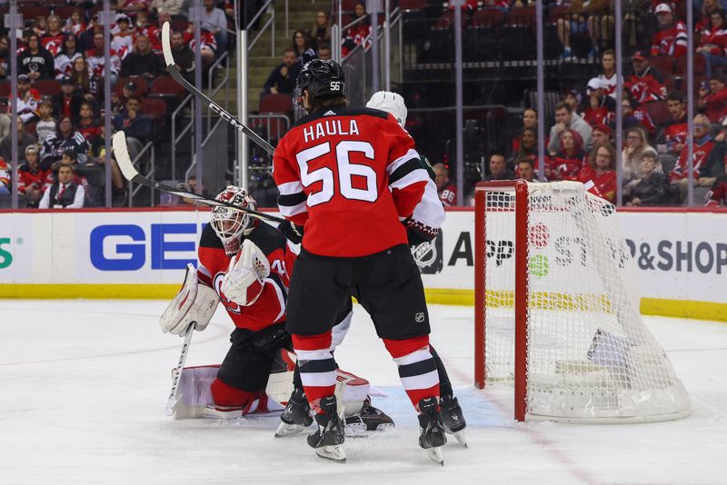 Oct 13, 2023; Newark, New Jersey, USA; Arizona Coyotes defenseman Matt Dumba (24) (not shown) scores a goal against the New Jersey Devils during the first period at Prudential Center. Mandatory Credit: Ed Mulholland-USA TODAY Sports