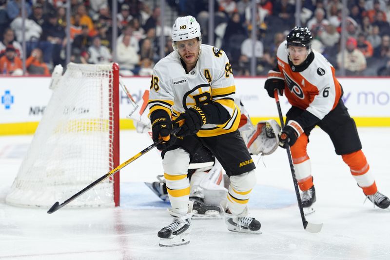 Feb 28, 2026; Philadelphia, Pennsylvania, USA; Boston Bruins right wing David Pastrnak (88) in action against the Philadelphia Flyers in the third period at Xfinity Mobile Arena. Mandatory Credit: Kyle Ross-Imagn Images