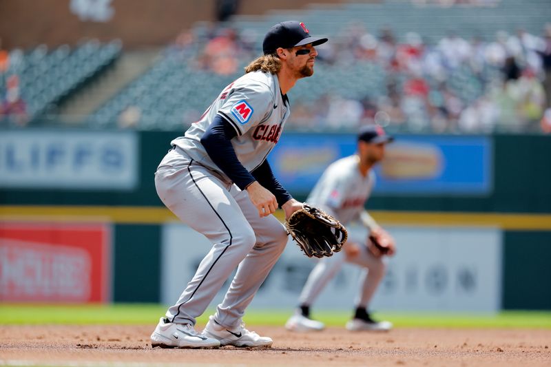 Jul 11, 2024; Detroit, Michigan, USA;  Cleveland Guardians shortstop Daniel Schneemann (10) in the field in the first inning against the Detroit Tigers at Comerica Park. Mandatory Credit: Rick Osentoski-USA TODAY Sports