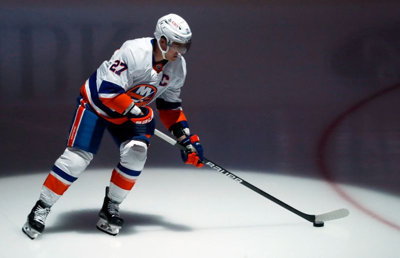 Feb 20, 2024; Pittsburgh, Pennsylvania, USA; New York Islanders left wing Anders Lee (27) takes the ice to warm up before the game against the Pittsburgh Penguins at PPG Paints Arena. Mandatory Credit: Charles LeClaire-USA TODAY Sports