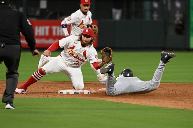 Sep 6, 2024; St. Louis, Missouri, USA; Seattle Mariners first baseman Josh Rojas (4) safely steals second base ahead of the tag from St. Louis Cardinals second baseman Brendan Donovan (33) in the sixth inning at Busch Stadium. Mandatory Credit: Joe Puetz-Imagn Images