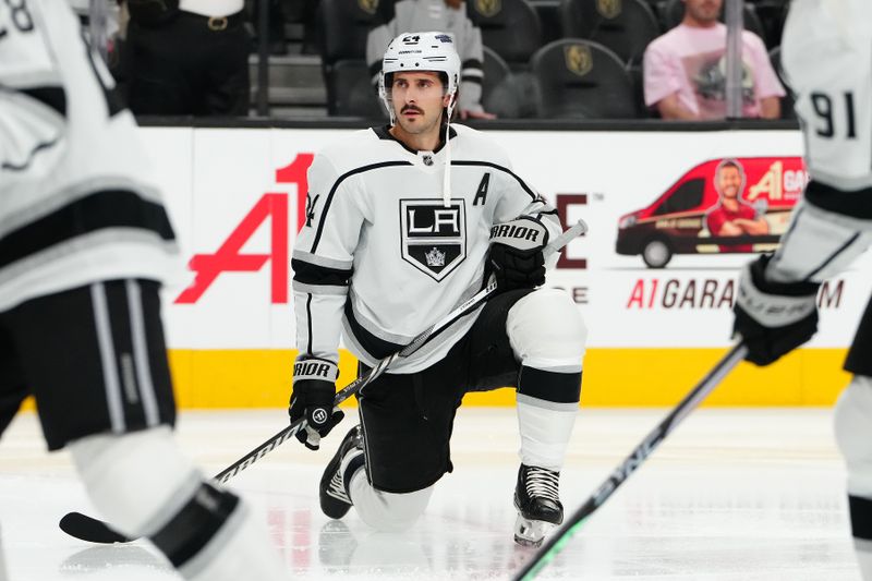 Nov 8, 2023; Las Vegas, Nevada, USA; Los Angeles Kings center Phillip Danault (24) warms up before a game against the Vegas Golden Knights at T-Mobile Arena. Mandatory Credit: Stephen R. Sylvanie-USA TODAY Sports