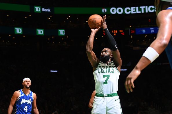 BOSTON, MA - DECEMBER 17: Jaylen Brown #7 of the Boston Celtics shoots a free throw during the game against the Orlando Magic on December 17, 2023 at the TD Garden in Boston, Massachusetts. NOTE TO USER: User expressly acknowledges and agrees that, by downloading and or using this photograph, User is consenting to the terms and conditions of the Getty Images License Agreement. Mandatory Copyright Notice: Copyright 2023 NBAE  (Photo by Brian Babineau/NBAE via Getty Images)