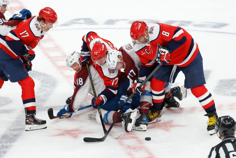 Mar 22, 2026; Washington, District of Columbia, USA; Washington Capitals left wing Alex Ovechkin (8) and Capitals right wing Anthony Beauvillier (72) battle for the puck with Colorado Avalanche center Parker Kelly (17) and Avalanche center Jack Drury (18) during the third period at Capital One Arena. Mandatory Credit: Amber Searls-Imagn Images