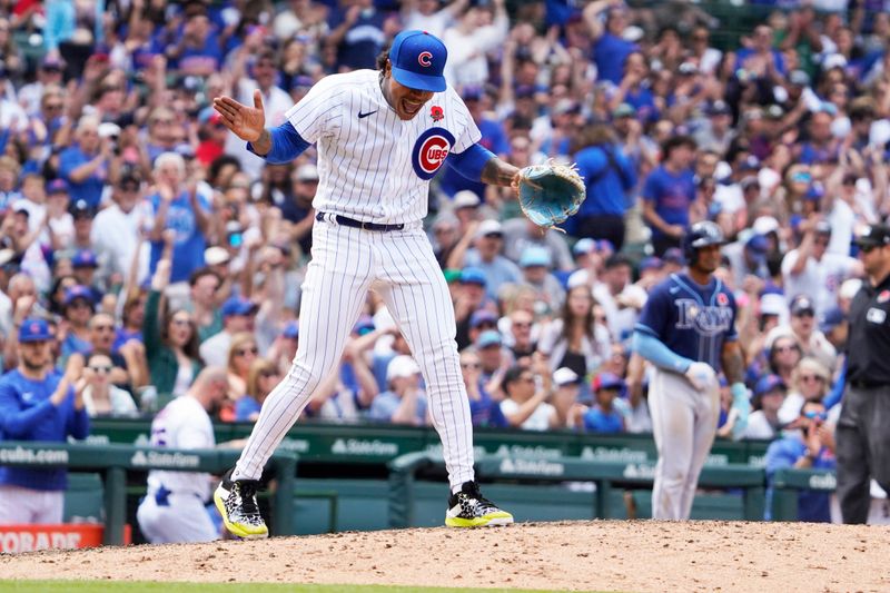 May 29, 2023; Chicago, Illinois, USA; Chicago Cubs starting pitcher Marcus Stroman (0) reacts as after forcing Tampa Bay Rays second baseman Brandon Lowe (not pictured) to hit into a double play during the seventh inning at Wrigley Field. Mandatory Credit: David Banks-USA TODAY Sports