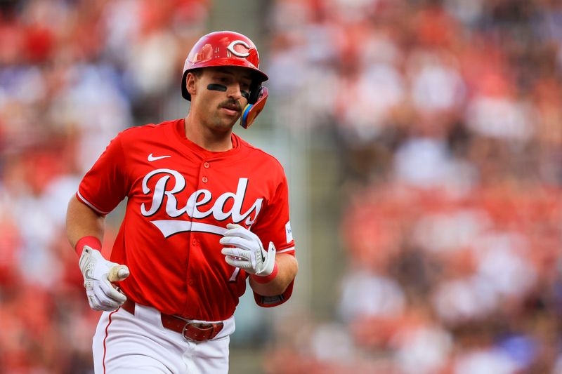 May 25, 2024; Cincinnati, Ohio, USA; Cincinnati Reds first baseman Spencer Steer (7) runs the bases after hitting a solo home run in the first inning against the Los Angeles Dodgers at Great American Ball Park. Mandatory Credit: Katie Stratman-USA TODAY Sports