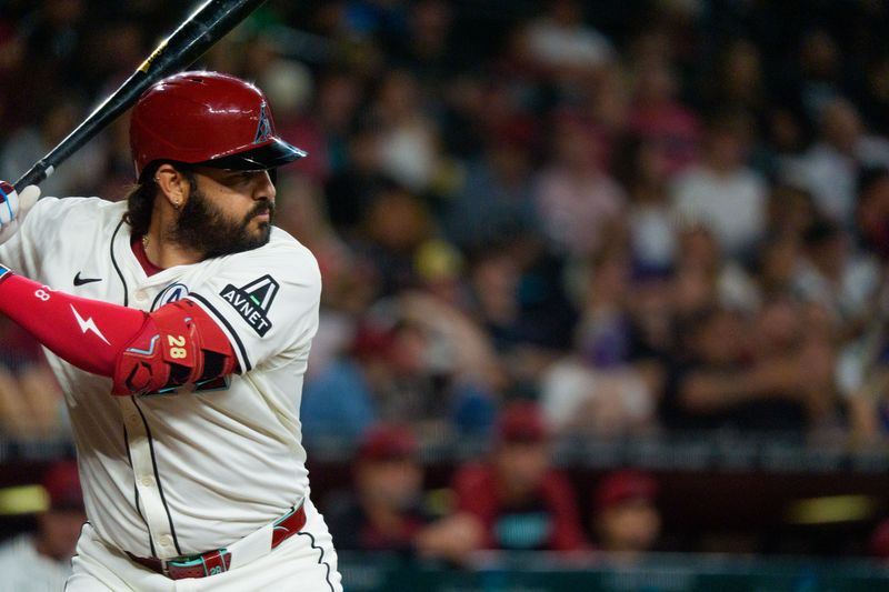 Jun 1, 2025; Phoenix, Arizona, USA; Arizona Diamondbacks infielder Eugenio Suarez (28) at bat in the third inning against the Washington Nationals at Chase Field. Mandatory Credit: Allan Henry-Imagn Images