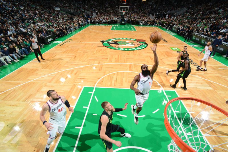 BOSTON, MA - NOVEMBER 25: James Harden #1 of the LA Clippers drives to the basket during the game against the Boston Celtics on November 25, 2024 at TD Garden in Boston, Massachusetts. NOTE TO USER: User expressly acknowledges and agrees that, by downloading and/or using this Photograph, user is consenting to the terms and conditions of the Getty Images License Agreement. Mandatory Copyright Notice: Copyright 2024 NBAE (Photo by Brian Babineau/NBAE via Getty Images)