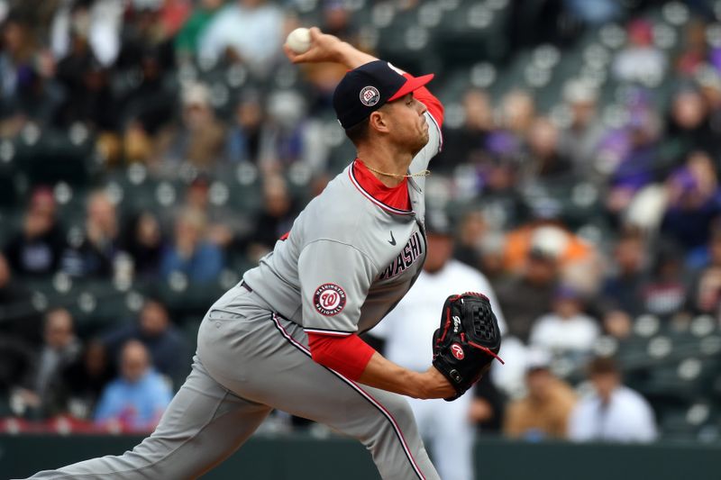 Apr 19, 2025; Denver, Colorado, USA; Washington Nationals pitcher MacKenzie Gore (1) throws during the first inning against the Colorado Rockies at Coors Field. Mandatory Credit: Christopher Hanewinckel-Imagn Images