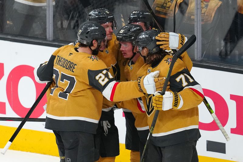 May 8, 2025; Las Vegas, Nevada, USA; Vegas Golden Knights right wing Victor Olofsson (95) celebrates with team mates after scoring a goal against the Edmonton Oilers during the third period of game two of the second round of the 2025 Stanley Cup Playoffs at T-Mobile Arena. Mandatory Credit: Stephen R. Sylvanie-Imagn Images