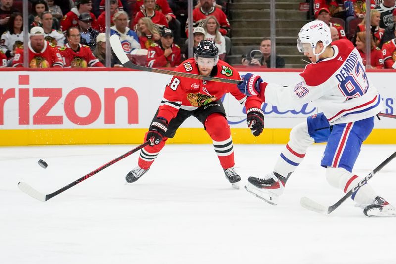 Oct 11, 2025; Chicago, Illinois, USA; Montréal Canadiens right wing Ivan Demidov (93) shoots the puck past Chicago Blackhawks defenseman Matt Grzelcyk (48) during the second period at United Center. Mandatory Credit: David Banks-Imagn Images