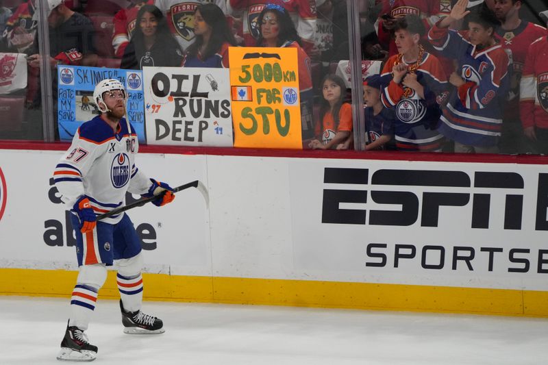 Jun 9, 2025; Sunrise, Florida, USA; Edmonton Oilers center Connor McDavid (97) warms up prior to the first period against the Florida Panthers in game three of the 2025 Stanley Cup Final at Amerant Bank Arena. Mandatory Credit: Jim Rassol-Imagn Images