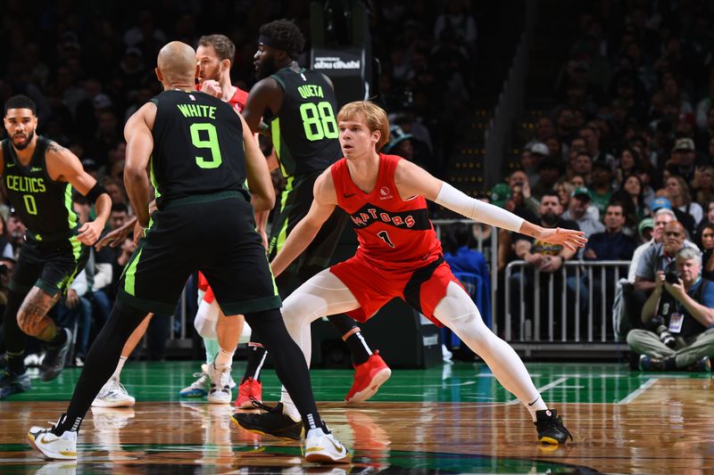 BOSTON, MA - NOVEMBER 16: Gradey Dick #1 of the Toronto Raptors plays defense during the game against the Boston Celtics on November 16, 2024 at TD Garden in Boston, Massachusetts. NOTE TO USER: User expressly acknowledges and agrees that, by downloading and/or using this Photograph, user is consenting to the terms and conditions of the Getty Images License Agreement. Mandatory Copyright Notice: Copyright 2024 NBAE (Photo by Brian Babineau/NBAE via Getty Images)