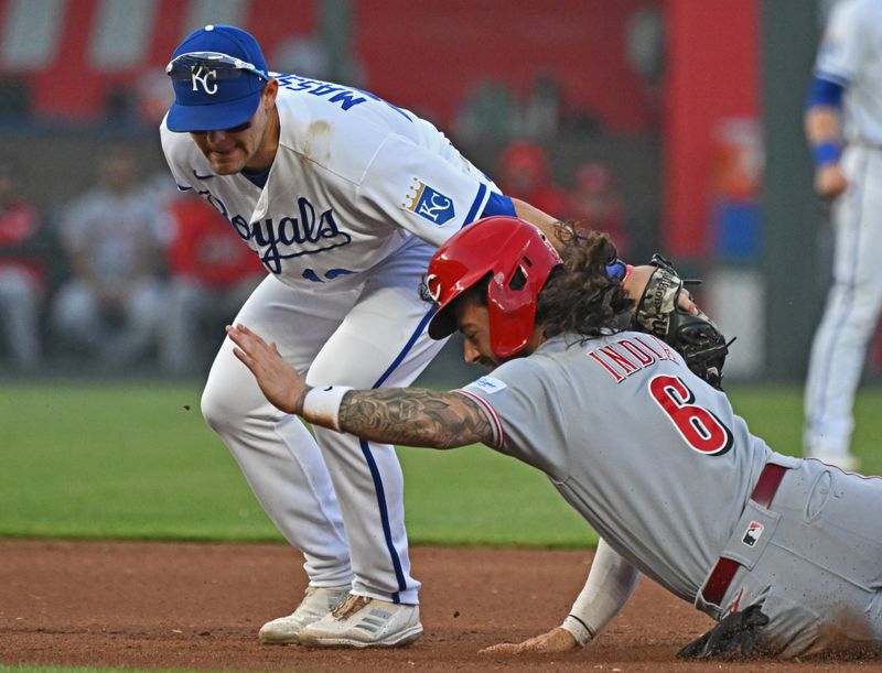 Jun 14, 2023; Kansas City, Missouri, USA;  Kansas City Royals second baseman Michael Massey (19) tags out Cincinnati Reds designated hitter Jonathan India (6) at second base in the fourth inning at Kauffman Stadium. Mandatory Credit: Peter Aiken-USA TODAY Sports