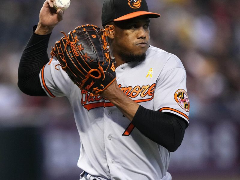 Sep 3, 2023; Phoenix, Arizona, USA; Baltimore Orioles relief pitcher Yennier Cano (78) throws the ball against the Arizona Diamondbacks at Chase Field. Mandatory Credit: Joe Camporeale-USA TODAY Sports