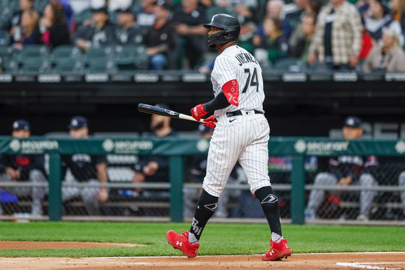 Sep 16, 2023; Chicago, Illinois, USA; Chicago White Sox designated hitter Eloy Jimenez (74) watches his two-run home run against the Minnesota Twins during the first inning at Guaranteed Rate Field. Mandatory Credit: Kamil Krzaczynski-USA TODAY Sports