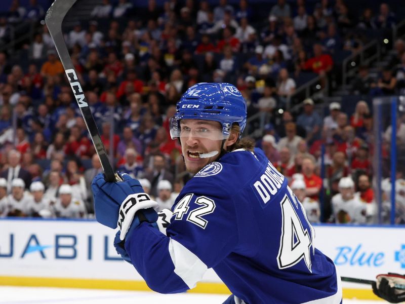Oct 23, 2025; Tampa, Florida, USA; Tampa Bay Lightning center Curtis Douglas (42) skates against the Chicago Blackhawks during the first period at Benchmark International Arena. Mandatory Credit: Kim Klement Neitzel-Imagn Images