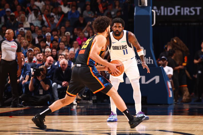 OKLAHOMA CITY, OK - NOVEMBER 17: Kyrie Irving #11 of the Dallas Mavericks plays defense during the game against the Oklahoma City Thunder on November 17, 2024 at Paycom Center in Oklahoma City, Oklahoma. NOTE TO USER: User expressly acknowledges and agrees that, by downloading and or using this photograph, User is consenting to the terms and conditions of the Getty Images License Agreement. Mandatory Copyright Notice: Copyright 2024 NBAE (Photo by Zach Beeker/NBAE via Getty Images)