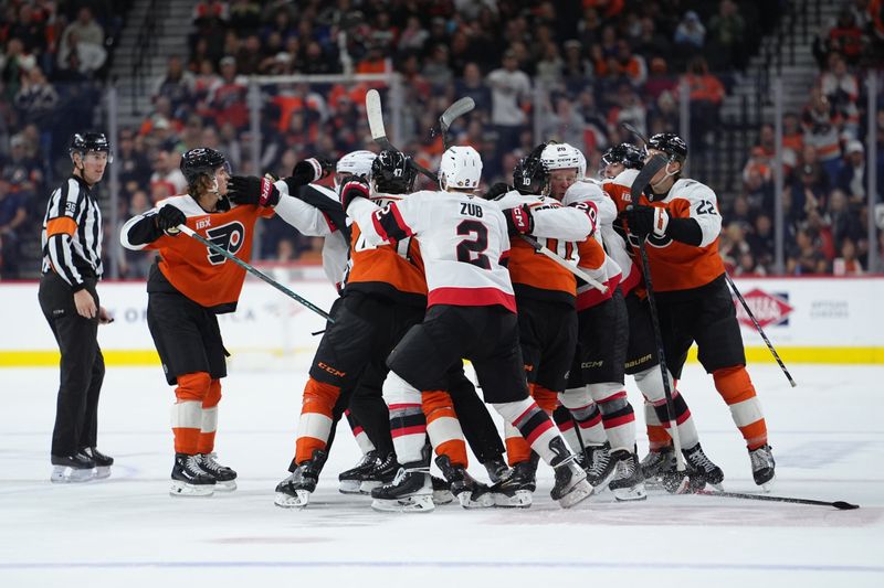 Nov 8, 2025; Philadelphia, Pennsylvania, USA; A scuffle breaks out between the Philadelphia Flyers and Ottawa Senators in the second period at Xfinity Mobile Arena. Mandatory Credit: Kyle Ross-Imagn Images