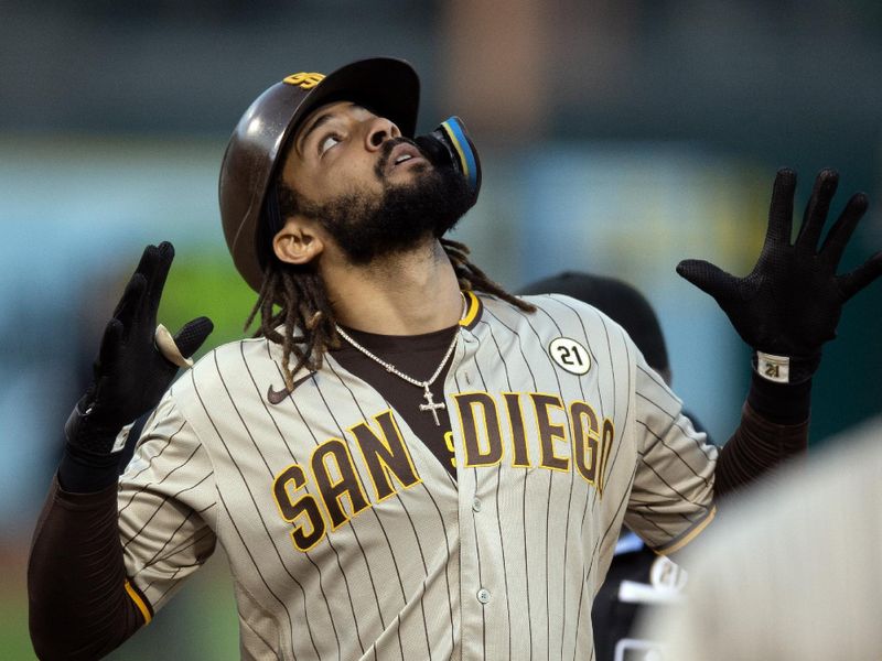 Sep 15, 2023; Oakland, California, USA; San Diego Padres right fielder Fernando Tatis Jr. celebrates his solo home run against the Oakland Athletics during the first inning at Oakland-Alameda County Coliseum. Mandatory Credit: D. Ross Cameron-USA TODAY Sports