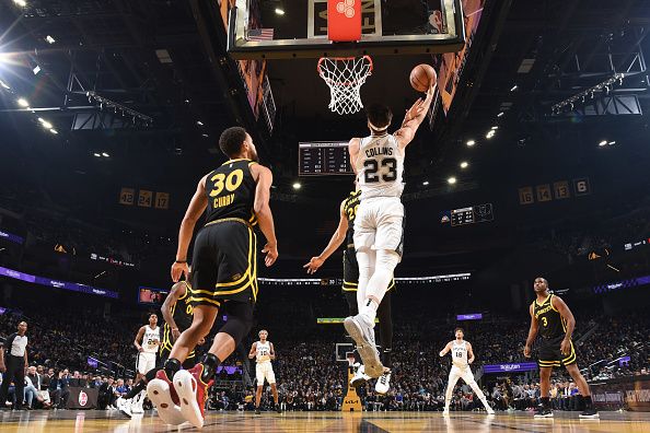 SAN FRANCISCO, CA - NOVEMBER 24:  Zach Collins #23 of the San Antonio Spurs goes to the basket during the game during the in-Season Tournament on November 24, 2023 at Chase Center in San Francisco, California. NOTE TO USER: User expressly acknowledges and agrees that, by downloading and or using this photograph, user is consenting to the terms and conditions of Getty Images License Agreement. Mandatory Copyright Notice: Copyright 2023 NBAE (Photo by Noah Graham/NBAE via Getty Images)