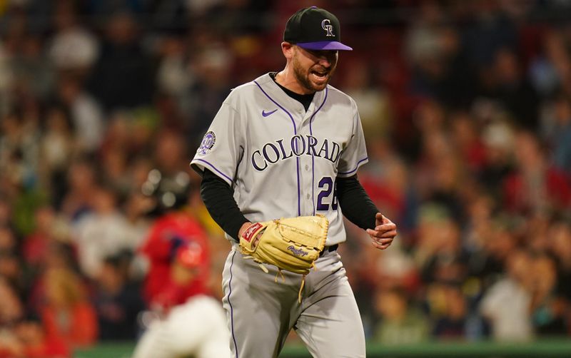 Jun 14, 2023; Boston, Massachusetts, USA; Colorado Rockies starting pitcher Austin Gomber (26) reacts after a fly out by Boston Red Sox second baseman Christian Arroyo (39) to end the fourth inning at Fenway Park. Mandatory Credit: David Butler II-USA TODAY Sports