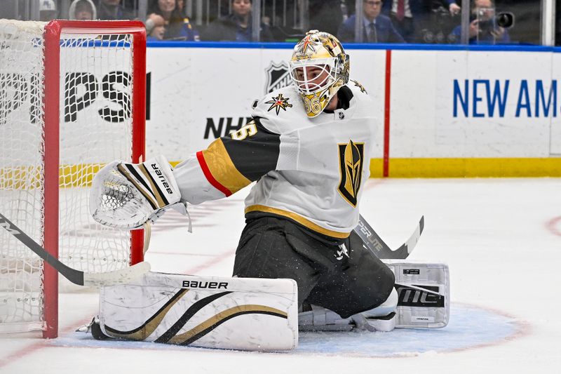 Mar 25, 2024; St. Louis, Missouri, USA;  Vegas Golden Knights goaltender Logan Thompson (36) defends the net against the St. Louis Blues at Enterprise Center. Mandatory Credit: Jeff Curry-USA TODAY Sports