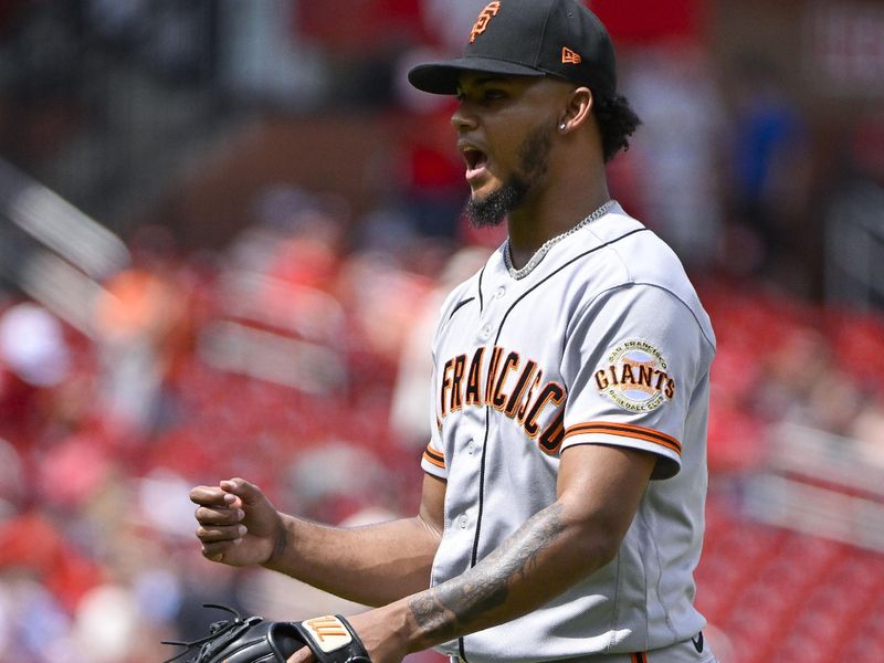 Jun 14, 2023; St. Louis, Missouri, USA;  San Francisco Giants relief pitcher Camilo Doval (75) reacts after closing out the tenth inning in a victory over the St. Louis Cardinals at Busch Stadium. Mandatory Credit: Jeff Curry-USA TODAY Sports