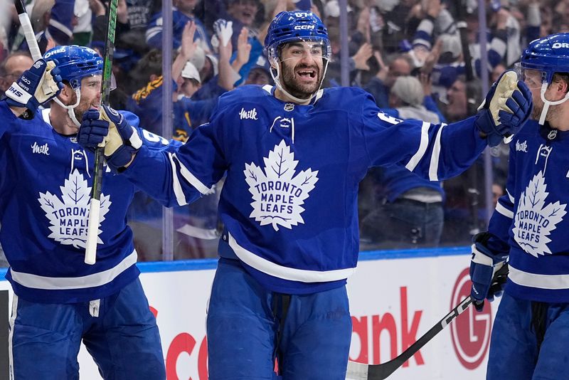 May 5, 2025; Toronto, Ontario, CAN; Toronto Maple Leafs forward Max Pacioretty (67) reacts after assisting on a goal by forward William Nylander (not pictured) in the first period against the Florida Panthers in the second round of the 2025 Stanley Cup Playoffs at Scotiabank Arena. Mandatory Credit: John E. Sokolowski-Imagn Images