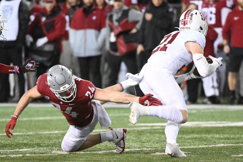 Nov 4, 2023; Pullman, Washington, USA; Stanford Cardinal safety Scotty Edwards (21) makes an interception against Washington State Cougars tight end Cooper Mathers (24) in the second half at Gesa Field at Martin Stadium. Stanford won 10-7. Mandatory Credit: James Snook-USA TODAY Sports