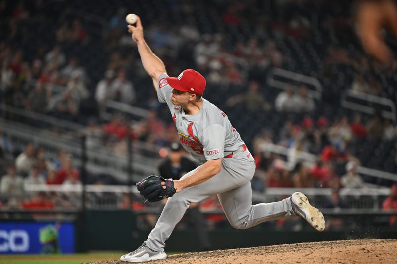 Jul 5, 2024; Washington, District of Columbia, USA; St. Louis Cardinals relief pitcher Ryan Helsley (56) throws a pitch against the St. Louis Cardinals during the tenth inning at Nationals Park. Mandatory Credit: Rafael Suanes-USA TODAY Sports