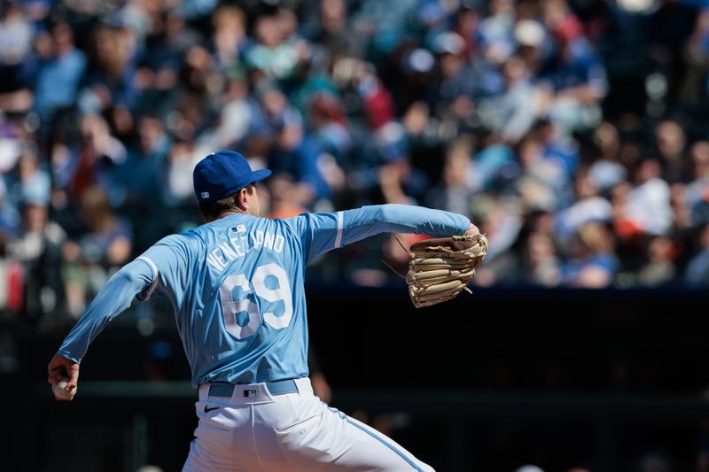 Apr 21, 2024; Kansas City, Missouri, USA; Kansas City Royals pitcher Anthony James Veneziano (69) pitching during the ninth inning against the Baltimore Orioles at Kauffman Stadium. Mandatory Credit: William Purnell-USA TODAY Sports
