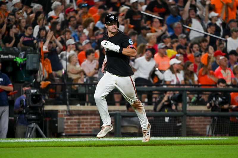 Aug 16, 2024; Baltimore, Maryland, USA;  Baltimore Orioles first baseman Ryan Mountcastle (6) runs home to score during the third inning against the Boston Red Sox at Oriole Park at Camden Yards. Mandatory Credit: Tommy Gilligan-USA TODAY Sports