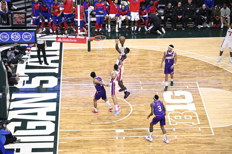 EAST LANSING, MI - OCTOBER 8: Jalen Duren #0 of the Detroit Pistons dunks the ball during the game against the Phoenix Suns during a NBA Preseason game on October 8, 2024 at the Breslin Center in East Lansing, Michigan. NOTE TO USER: User expressly acknowledges and agrees that, by downloading and/or using this photograph, User is consenting to the terms and conditions of the Getty Images License Agreement. Mandatory Copyright Notice: Copyright 2024 NBAE (Photo by Chris Schwegler/NBAE via Getty Images)