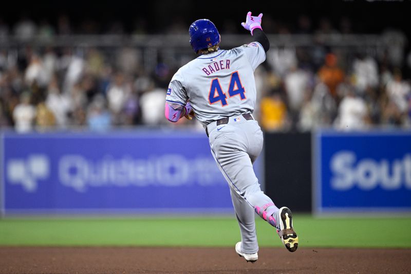 Aug 24, 2024; San Diego, California, USA; New York Mets center fielder Harrison Bader (44) celebrates while rounding the bases after hitting a home run against the San Diego Padres during the eighth inning at Petco Park. Mandatory Credit: Orlando Ramirez-USA TODAY Sports