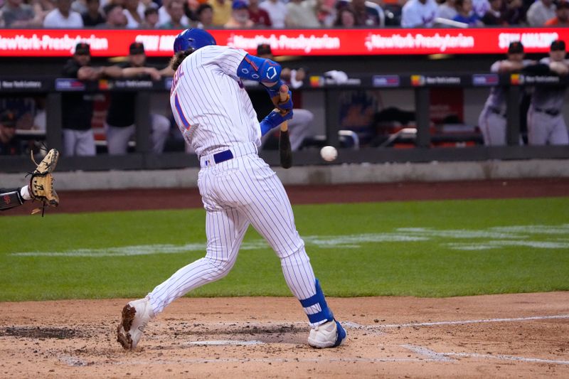 Jul 2, 2023; New York City, New York, USA; New York Mets second baseman Jeff McNeil (1) hits an RBI infield single against the San Francisco Giants during the third inning at Citi Field. Mandatory Credit: Gregory Fisher-USA TODAY Sports