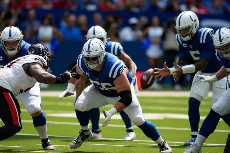 Indianapolis Colts guard Quenton Nelson (56) during the first half of an NFL football game against the Houston Texans, Sunday, Sept. 8, 2024, in Indianapolis. (AP Photo/Darron Cummings)