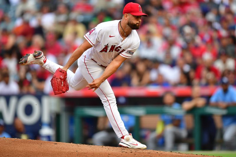 Aug 19, 2023; Anaheim, California, USA; Los Angeles Angels starting pitcher Patrick Sandoval (43) throws against the Tampa Bay Rays during the second inning at Angel Stadium. Mandatory Credit: Gary A. Vasquez-USA TODAY Sports