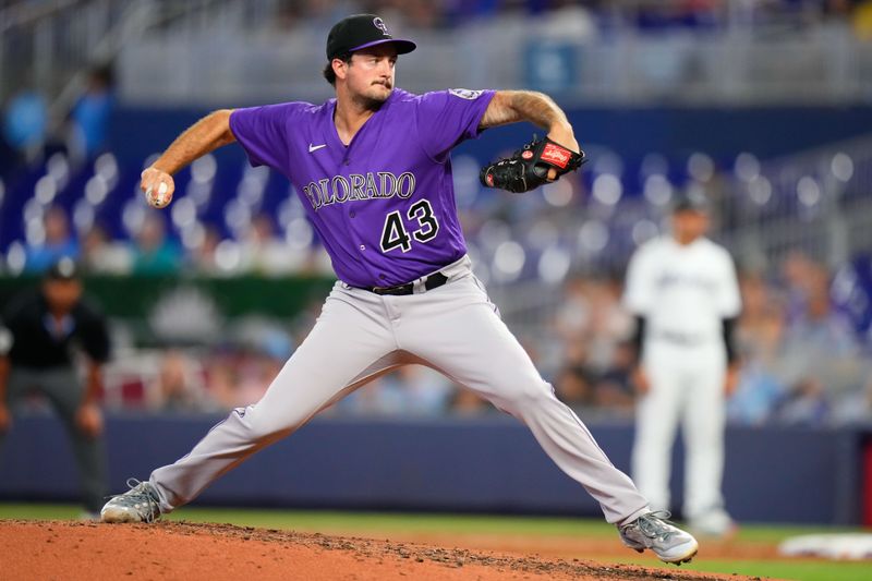 Jul 23, 2023; Miami, Florida, USA; Colorado Rockies starting pitcher Connor Seabold (43) throws a pitch against the Miami Marlins during the fifth inning at loanDepot Park. Mandatory Credit: Rich Storry-USA TODAY Sports