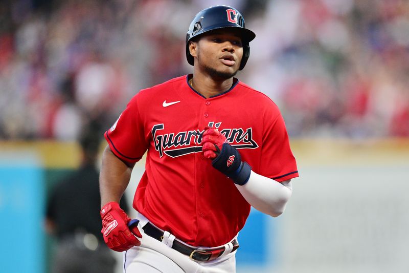 Aug 22, 2023; Cleveland, Ohio, USA; Cleveland Guardians designated hitter Oscar Gonzalez (39) rounds the bases after hitting a home run during the fourth inning against the Los Angeles Dodgers at Progressive Field. Mandatory Credit: Ken Blaze-USA TODAY Sports