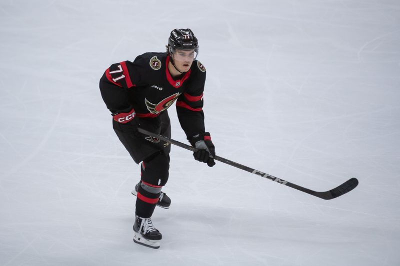 Nov 2, 2024; Ottawa, Ontario, CAN; Ottawa Senators center Ridly Greig (71) skates with the puck in the third period against the Seattle Kraken at the Canadian Tire Centre. Mandatory Credit: Marc DesRosiers-Imagn Images