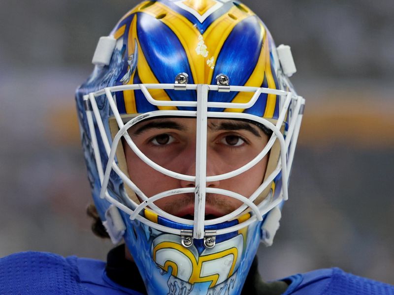 Nov 10, 2023; Buffalo, New York, USA;  Buffalo Sabres goaltender Devon Levi (27) during a stoppage in play against the Minnesota Wild during the first period at KeyBank Center. Mandatory Credit: Timothy T. Ludwig-USA TODAY Sports