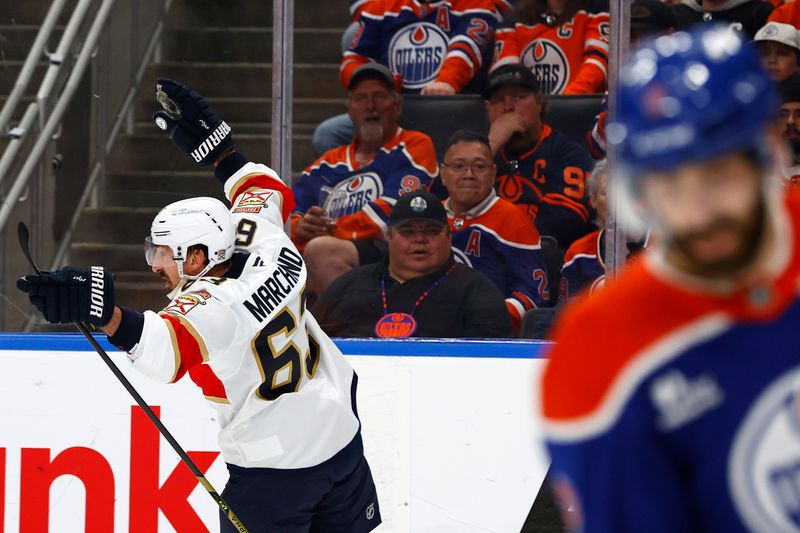 Jun 6, 2025; Edmonton, Alberta, CAN; Florida Panthers center Brad Marchand (63) reacts after scoring a goal against the Edmonton Oilers during the first period in game two of the 2025 Stanley Cup Final at Rogers Place. Mandatory Credit: Perry Nelson-Imagn Images