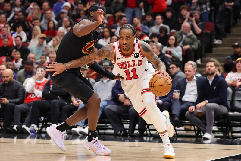 CHICAGO, ILLINOIS - FEBRUARY 28: DeMar DeRozan #11 of the Chicago Bulls drives to the basket against Caris LeVert #3 of the Cleveland Cavaliers during the second half at the United Center on February 28, 2024 in Chicago, Illinois. NOTE TO USER: User expressly acknowledges and agrees that, by downloading and or using this photograph, User is consenting to the terms and conditions of the Getty Images License Agreement. (Photo by Michael Reaves/Getty Images)